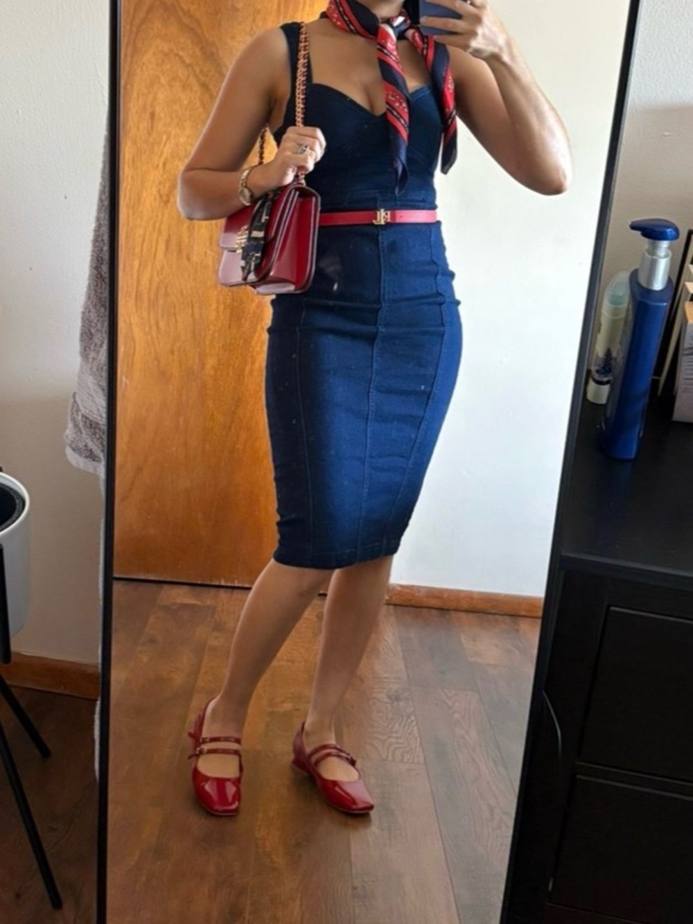 Navy Denim Midi Pencil Dress